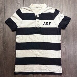 Vintage Abercrombie Fitch Muscle Henley Shirt Mens M Y2K White Blue Striped